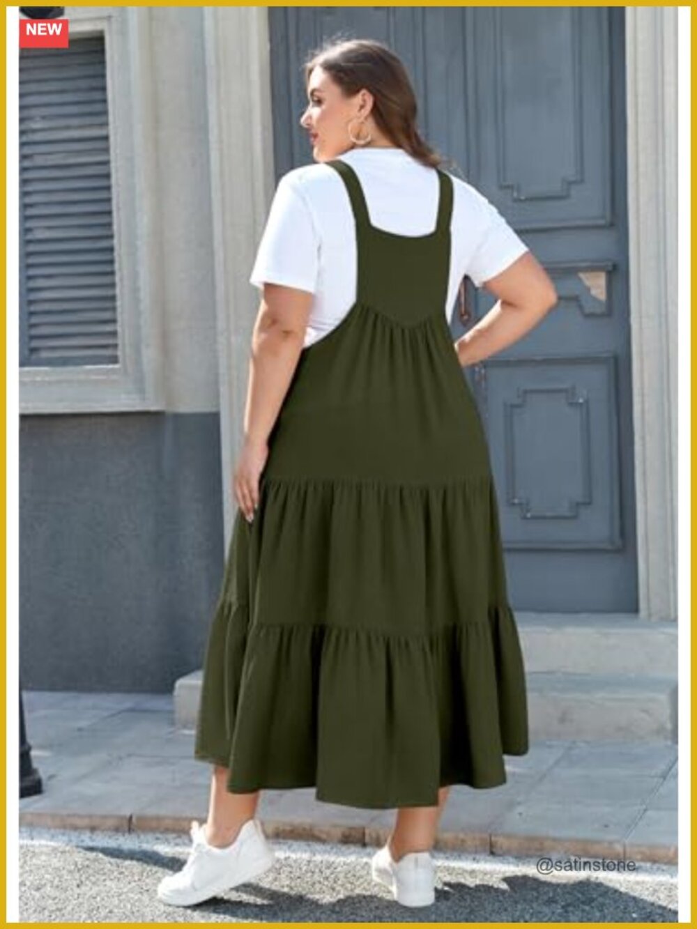 Plus Size Overall Dress with Pockets Tiered Maxi Jumper Dress Adjustable Straps - Picture 3 of 7